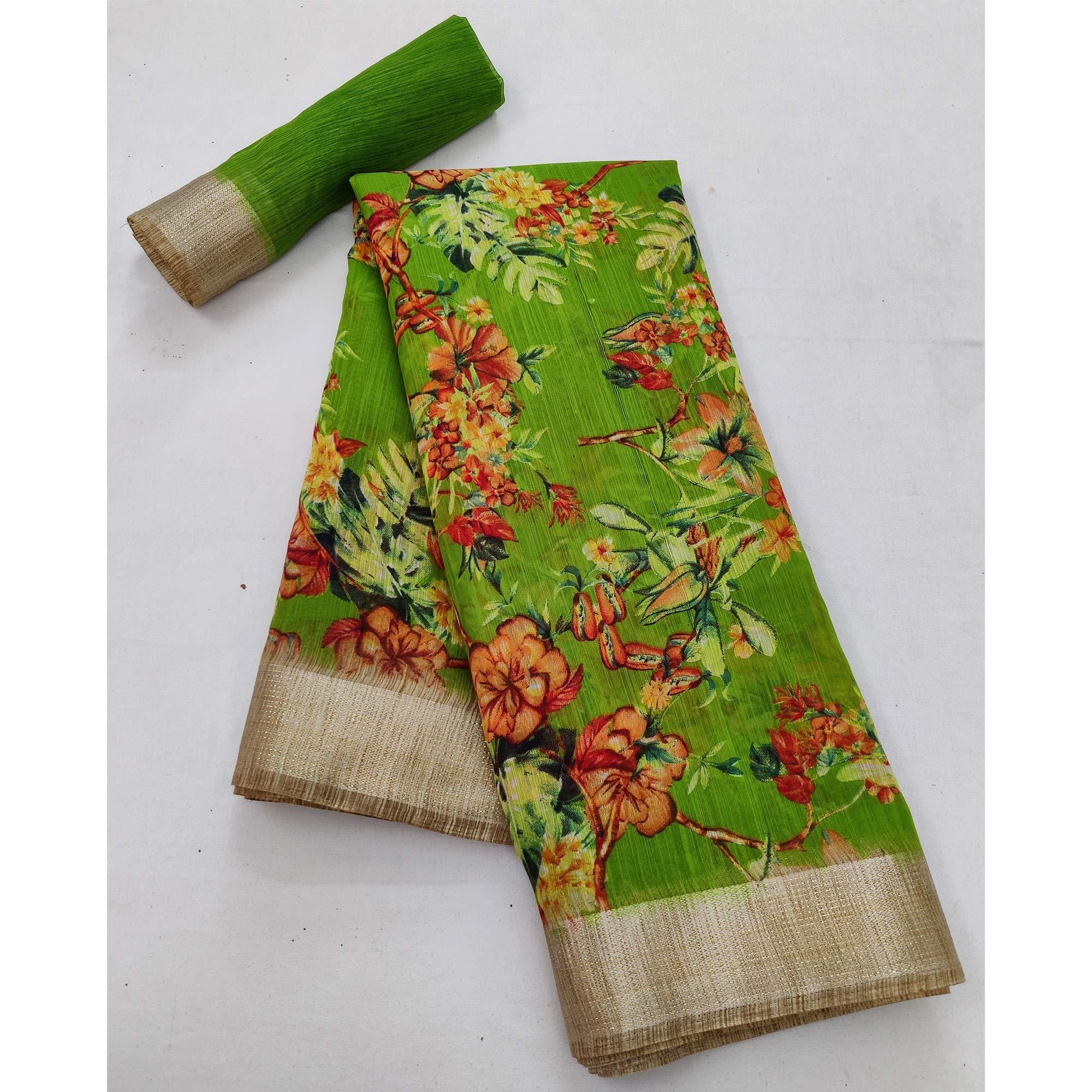 Parrot Green Casual Wear Floral Printed With Jari Border Cotton Saree - Peachmode