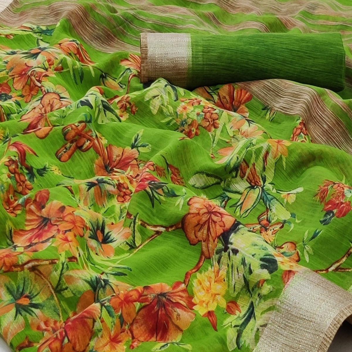 Parrot Green Casual Wear Floral Printed With Jari Border Cotton Saree - Peachmode