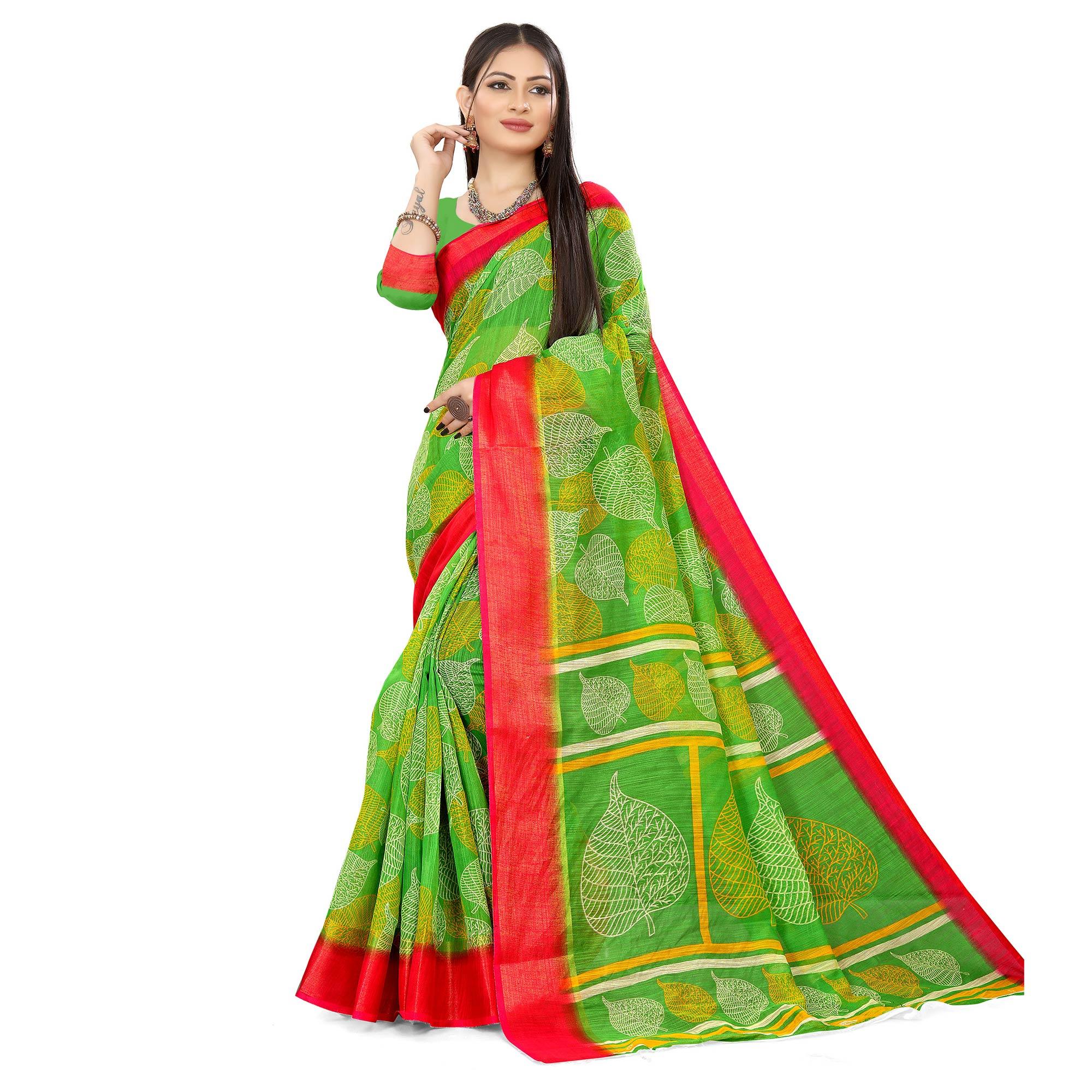 Parrot Green Casual Wear Leaf Printed Cotton Linen Saree - Peachmode