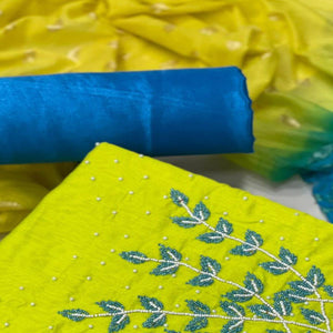 Parrot Green Casual Wear Pearl Handwork Modal Silk  Dress Material - Peachmode