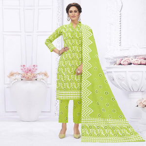 Parrot Green Casual Wear Printed Cotton Dress Material - Peachmode