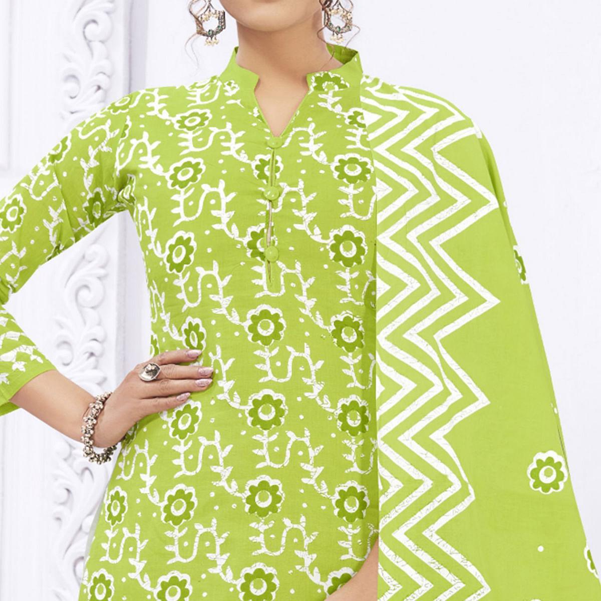 Parrot Green Casual Wear Printed Cotton Dress Material - Peachmode