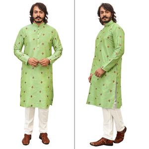 Parrot Green Embroidered Art Silk Men's Kurta Pyjama Set - Peachmode