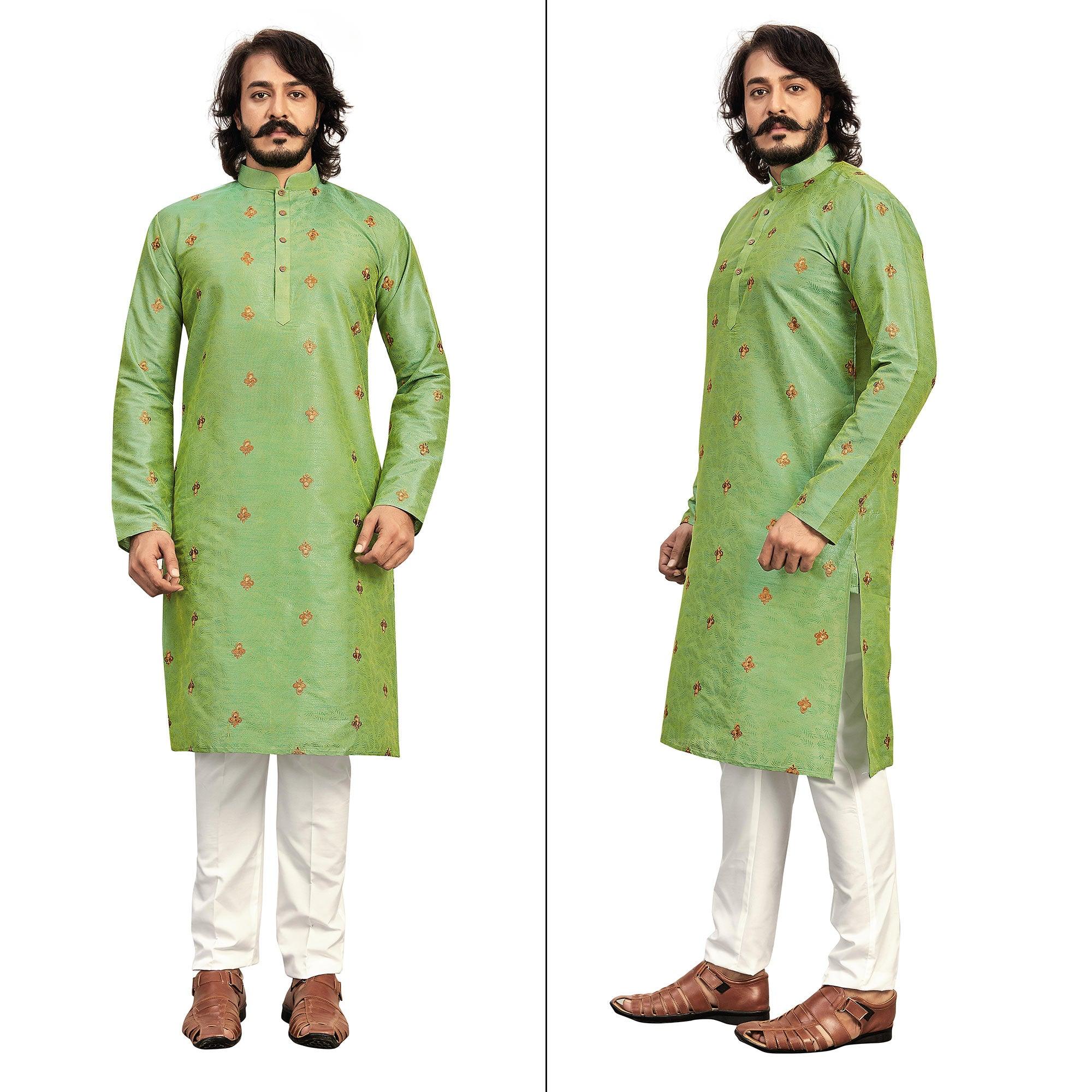 Parrot Green Embroidered Art Silk Men's Kurta Pyjama Set - Peachmode