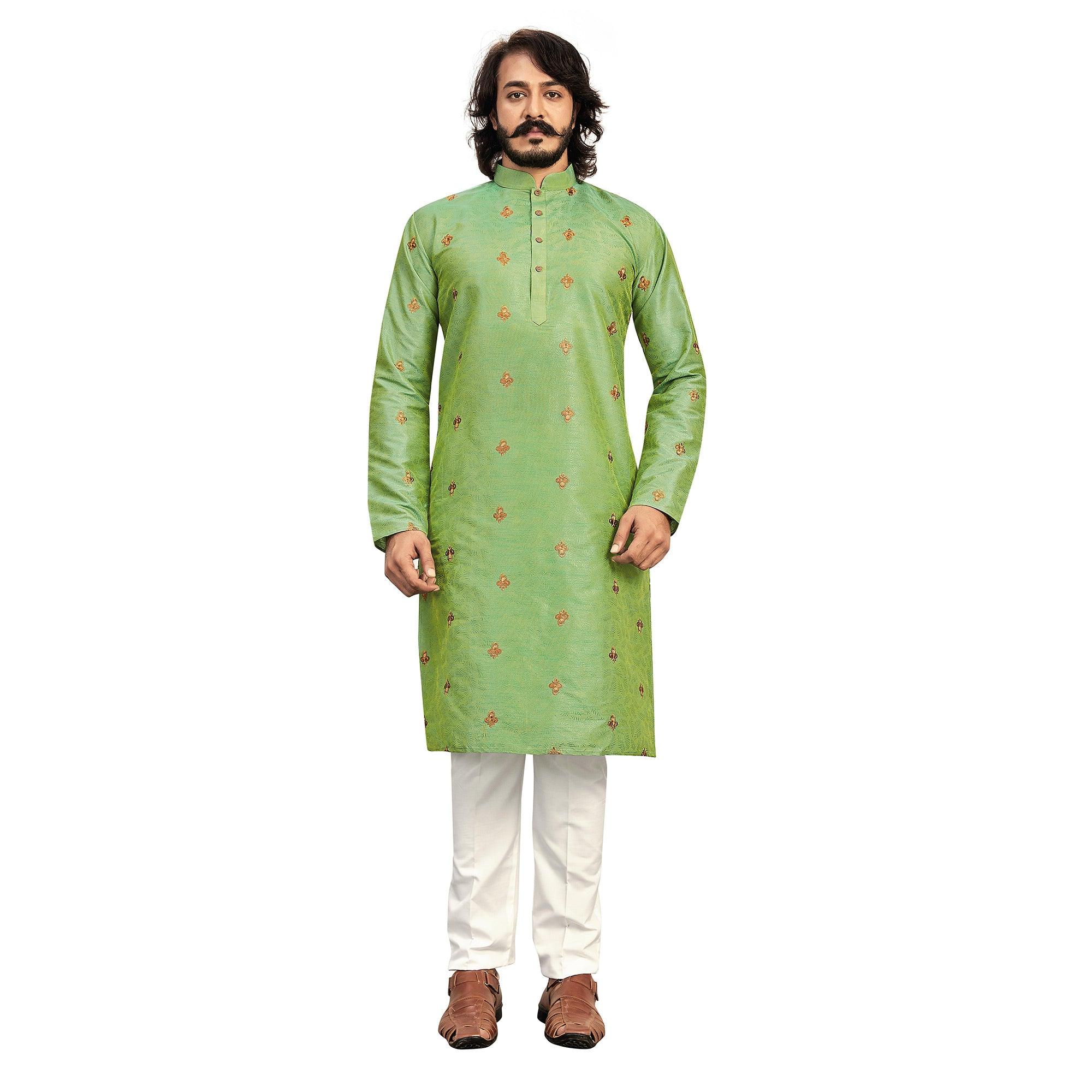 Parrot Green Embroidered Art Silk Men's Kurta Pyjama Set - Peachmode
