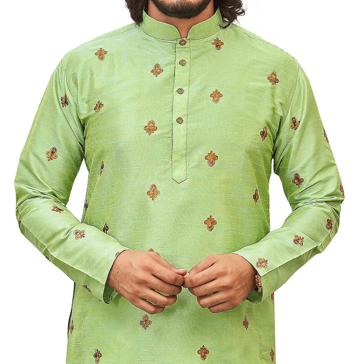 Parrot Green Embroidered Art Silk Men's Kurta Pyjama Set - Peachmode