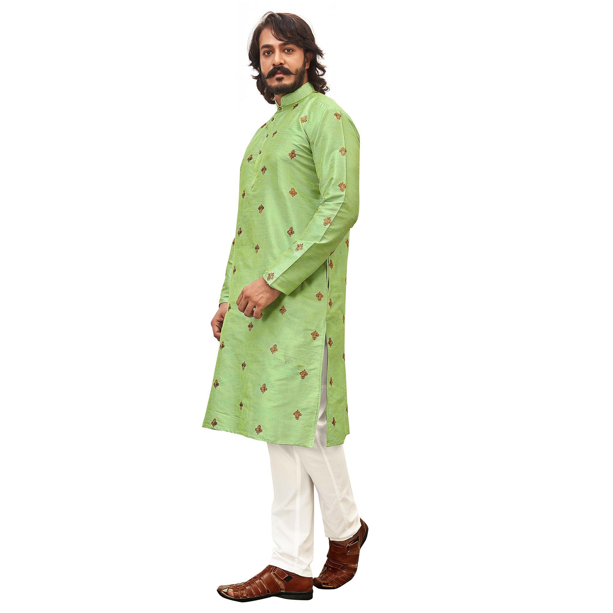 Parrot Green Embroidered Art Silk Men's Kurta Pyjama Set - Peachmode