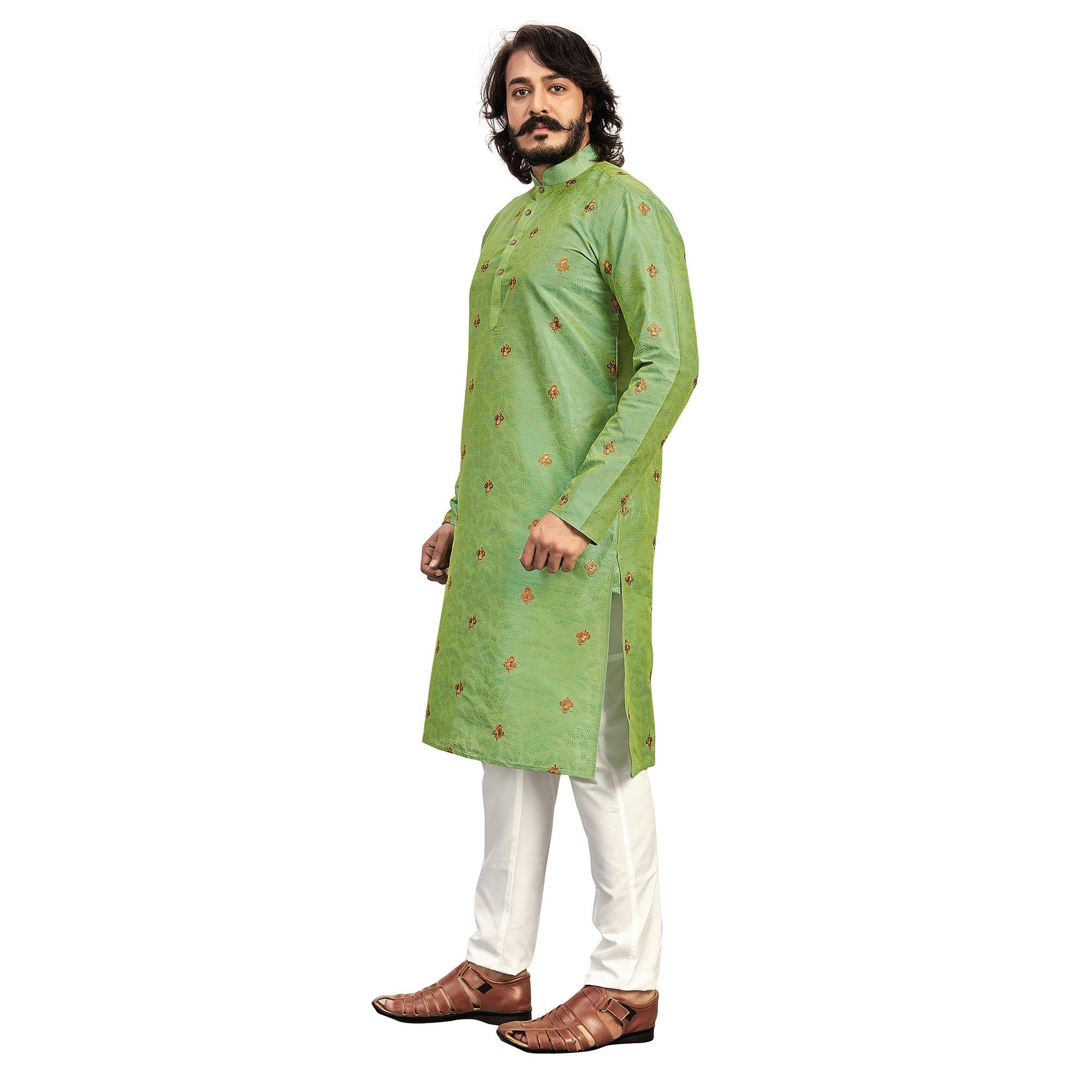 Parrot Green Embroidered Art Silk Men's Kurta Pyjama Set - Peachmode