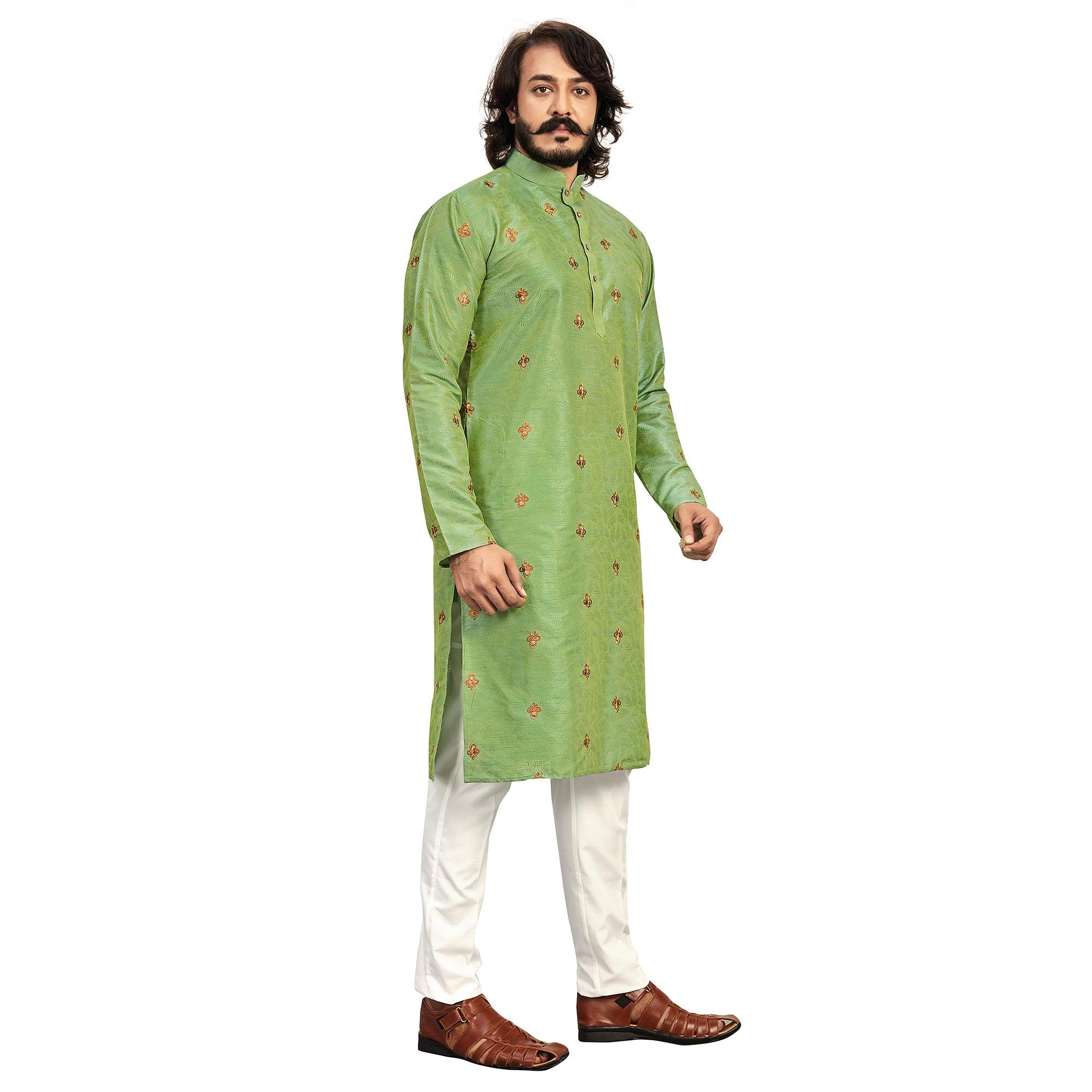 Parrot Green Embroidered Art Silk Men's Kurta Pyjama Set - Peachmode