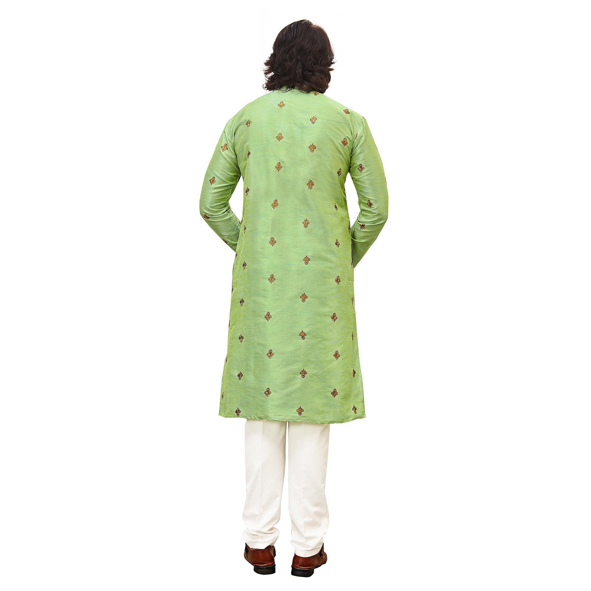 Parrot Green Embroidered Art Silk Men's Kurta Pyjama Set - Peachmode