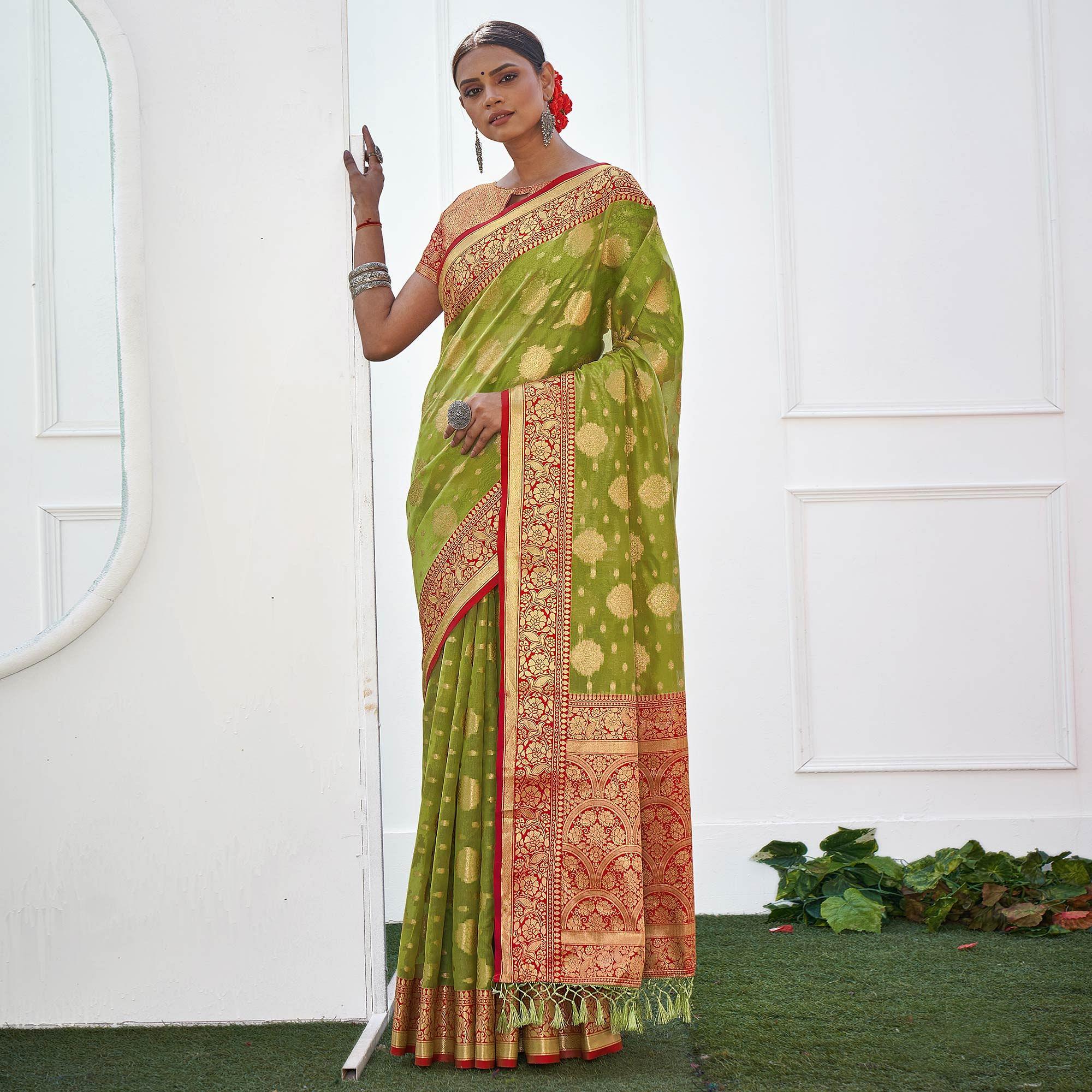Parrot Green Festive Wear Banarasi Woven Organza Saree With Tassels - Peachmode