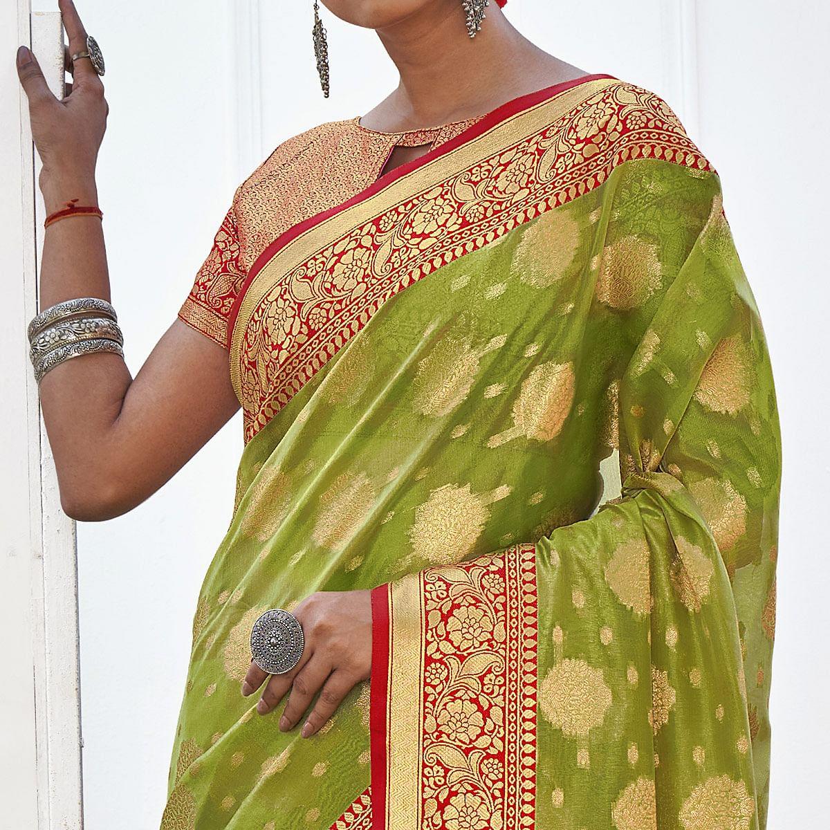 Parrot Green Festive Wear Banarasi Woven Organza Saree With Tassels - Peachmode
