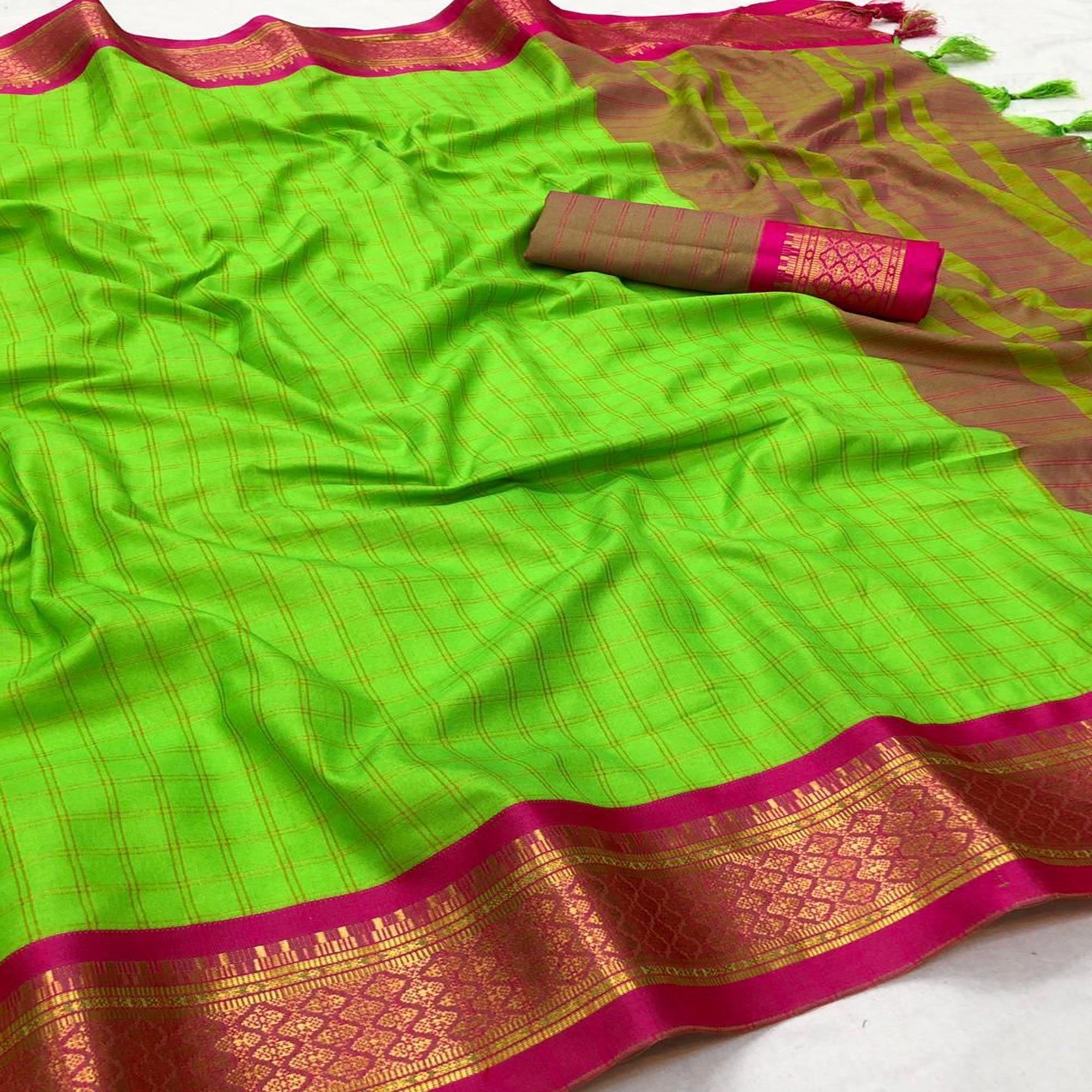 Parrot Green Festive Wear Checks With Woven Border Cotton Silk Saree - Peachmode