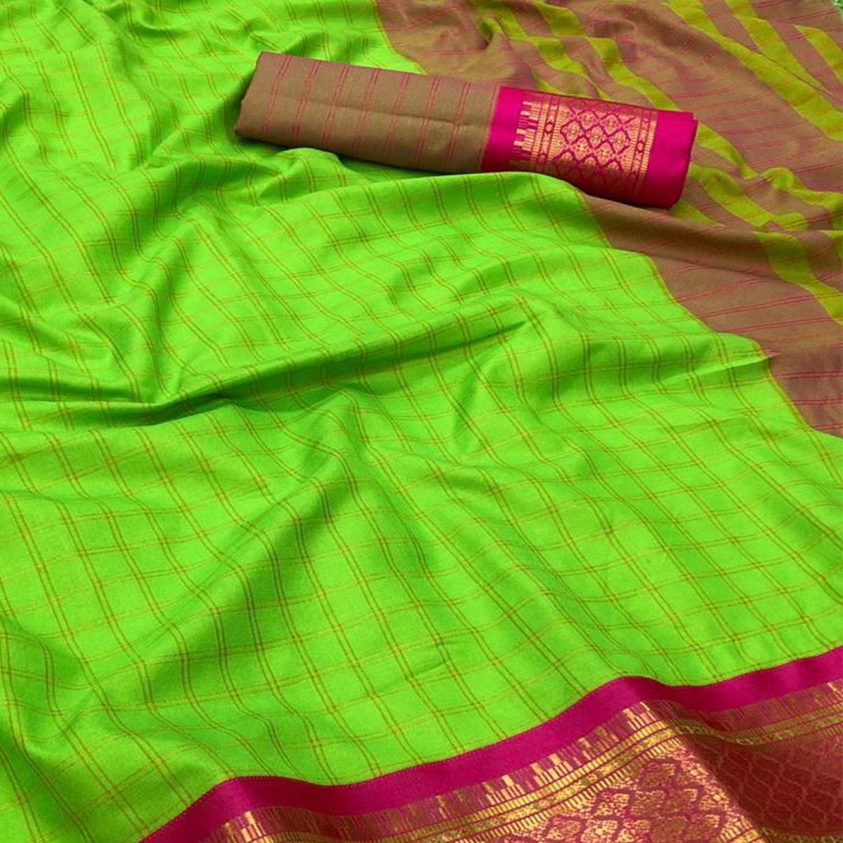 Parrot Green Festive Wear Checks With Woven Border Cotton Silk Saree - Peachmode