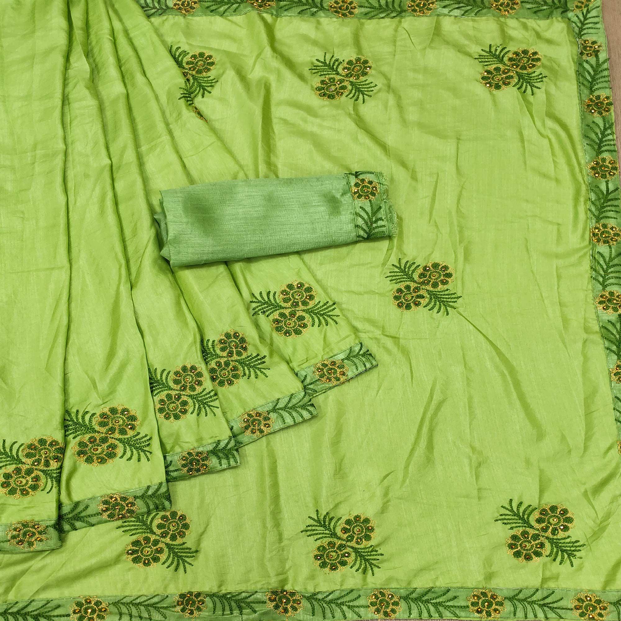 Parrot Green Festive Wear Floral Embroidered Silk Saree - Peachmode