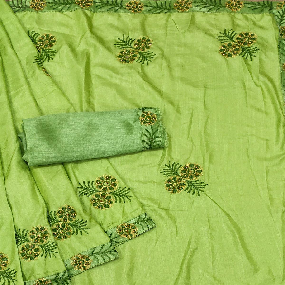 Parrot Green Festive Wear Floral Embroidered Silk Saree - Peachmode