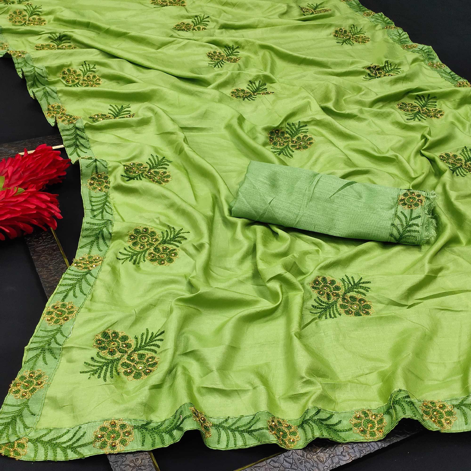 Parrot Green Festive Wear Floral Embroidered Silk Saree - Peachmode