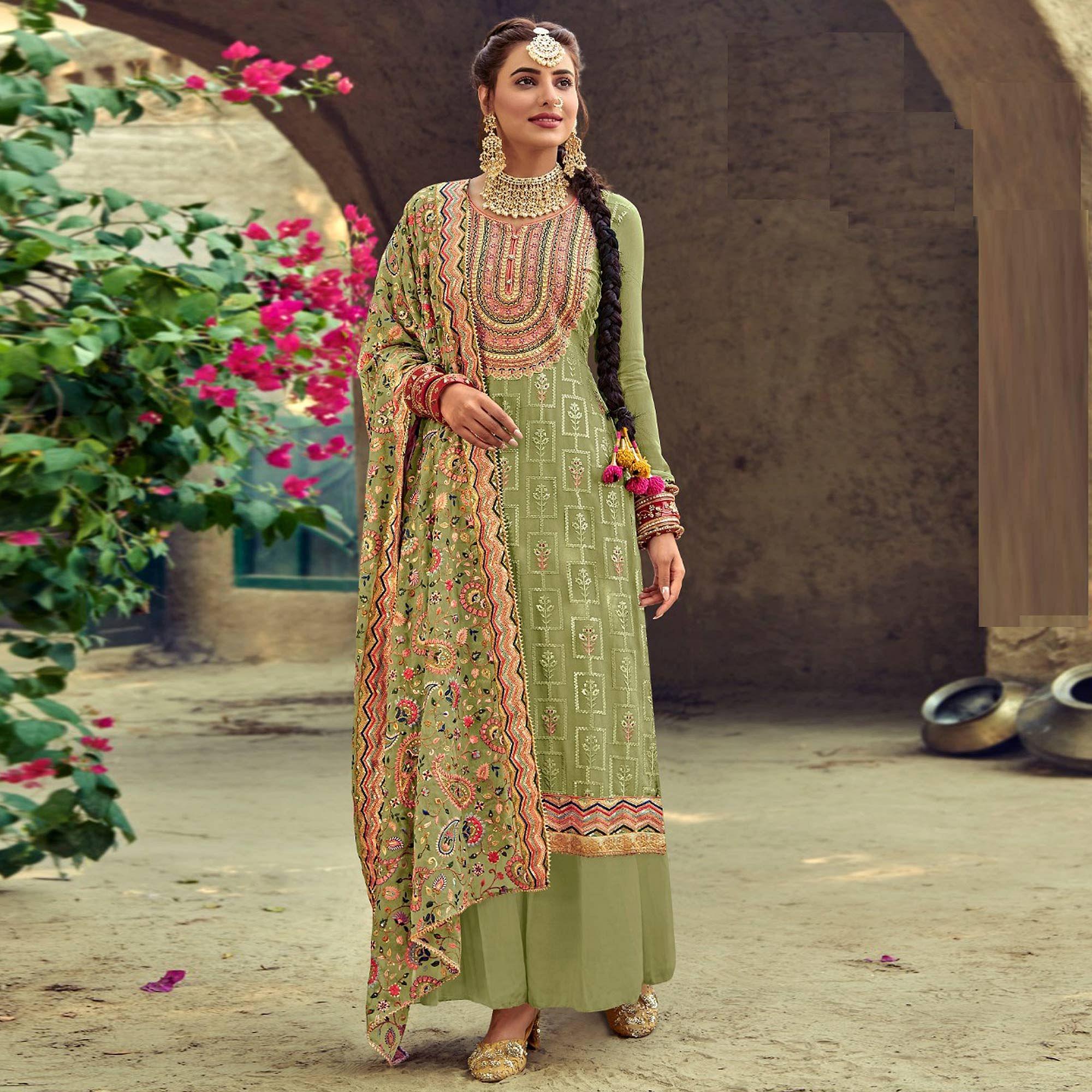 Parrot Green Festive Wear Floral Embroidred Straight Faux Georgette Palazzo Suit - Peachmode