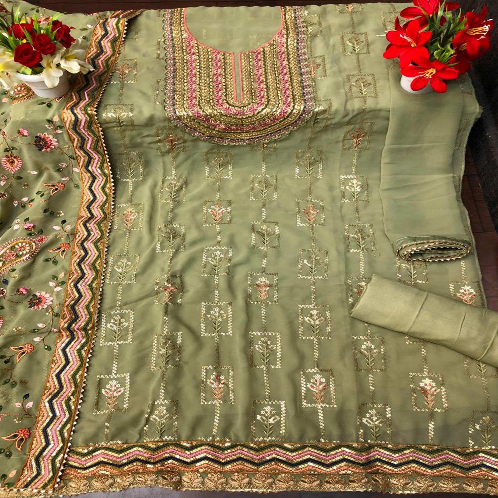 Parrot Green Festive Wear Floral Embroidred Straight Faux Georgette Palazzo Suit - Peachmode