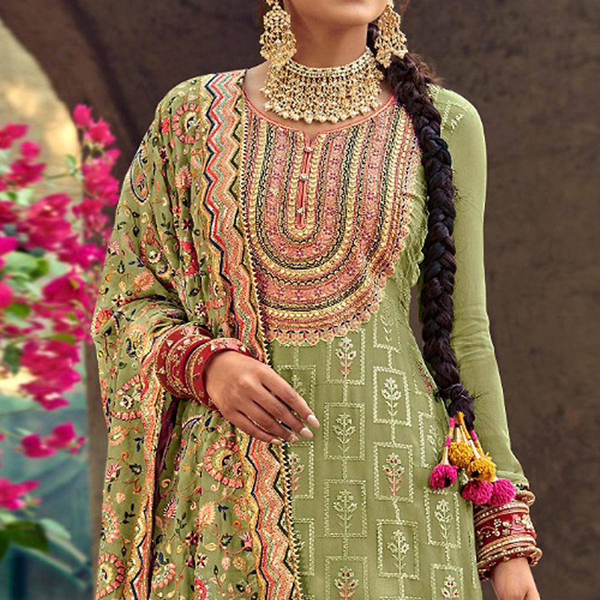 Parrot Green Festive Wear Floral Embroidred Straight Faux Georgette Palazzo Suit - Peachmode