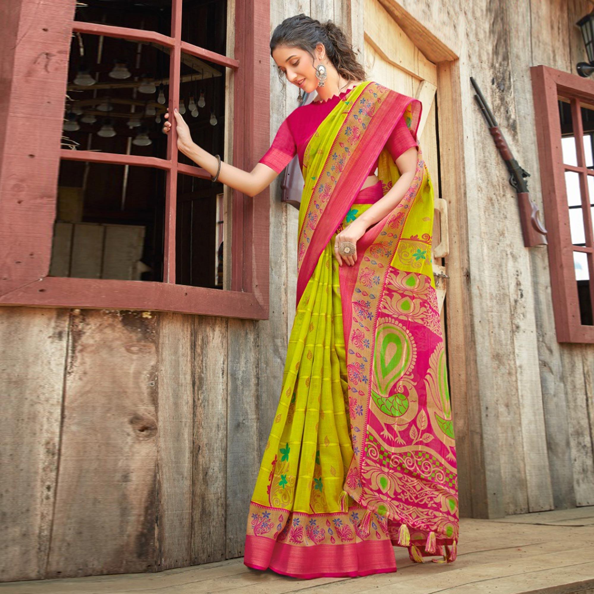 Parrot Green Festive Wear Floral Printed Linen Saree - Peachmode