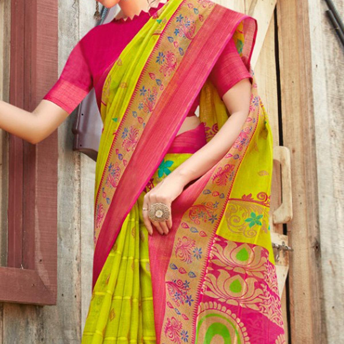 Parrot Green Festive Wear Floral Printed Linen Saree - Peachmode