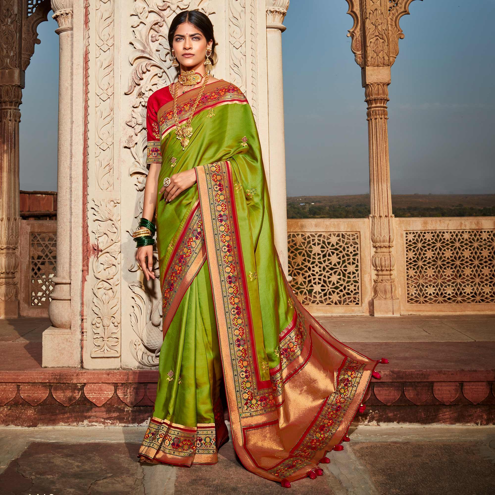 Parrot Green Festive Wear Floral Woven Silk Saree - Peachmode