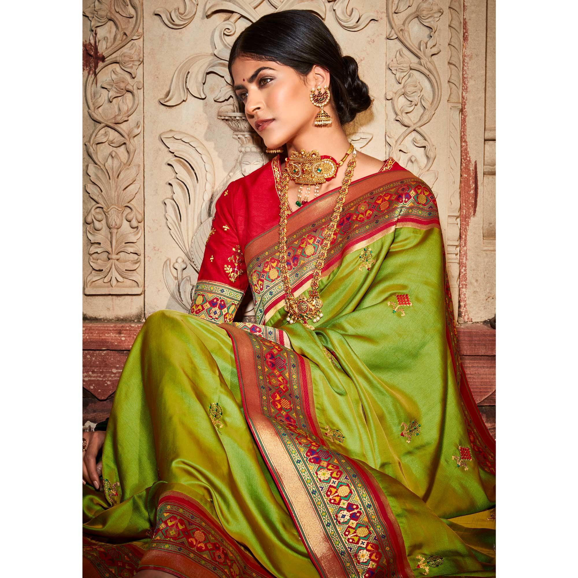 Parrot Green Festive Wear Floral Woven Silk Saree - Peachmode