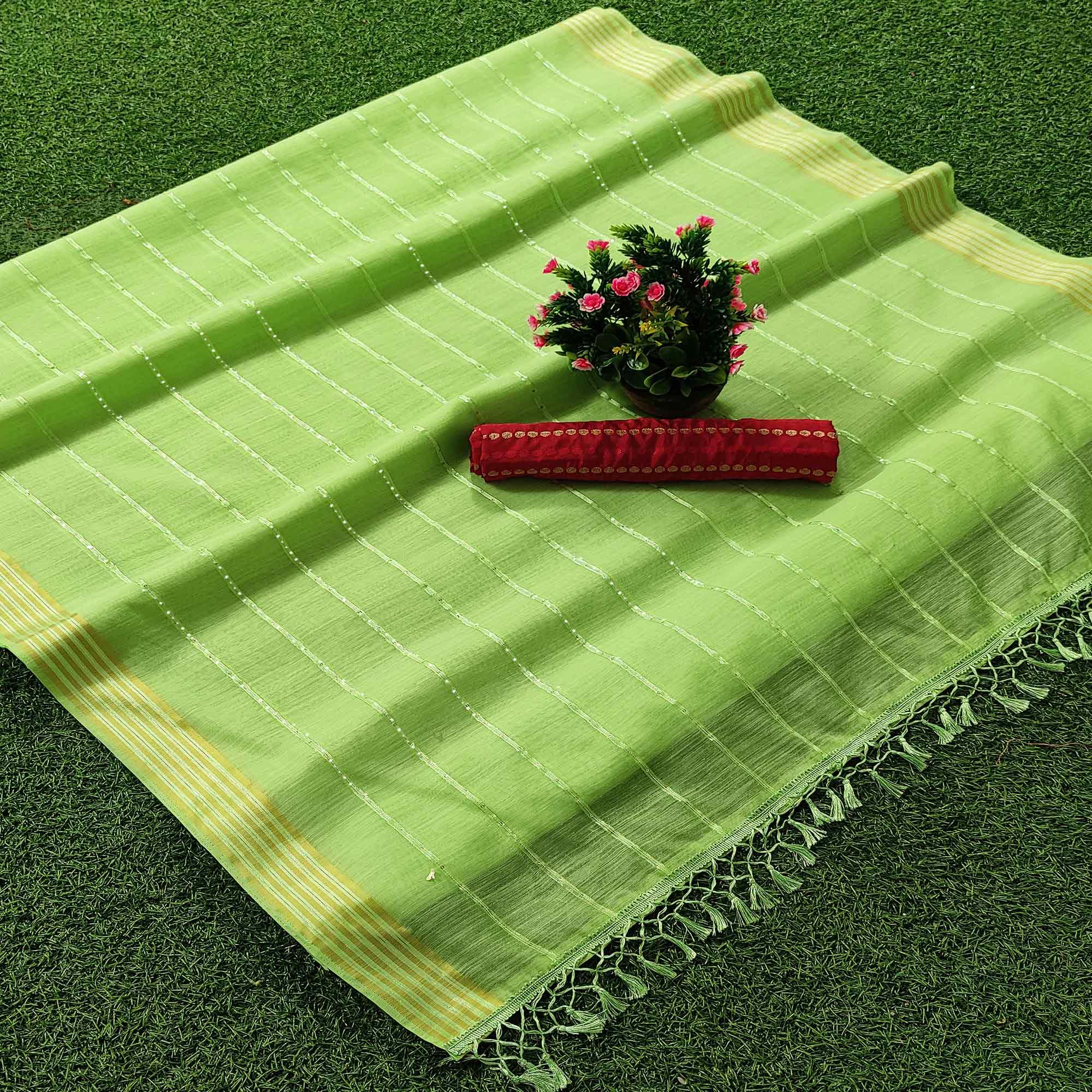 Parrot Green Festive Wear Stripes With Sequence Woven Work Cotton Saree - Peachmode