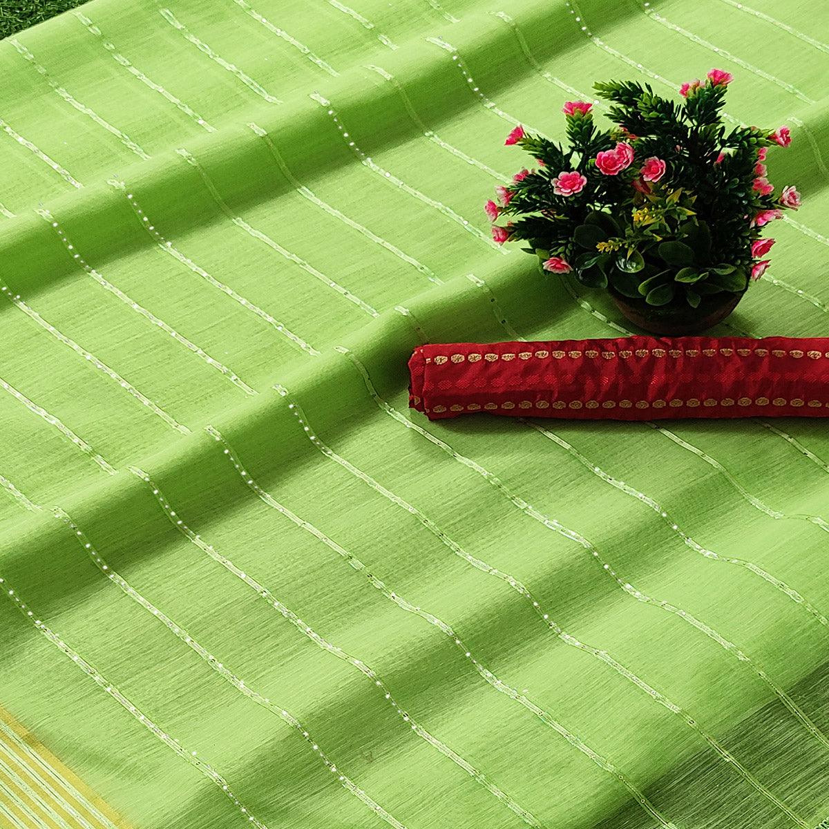 Parrot Green Festive Wear Stripes With Sequence Woven Work Cotton Saree - Peachmode