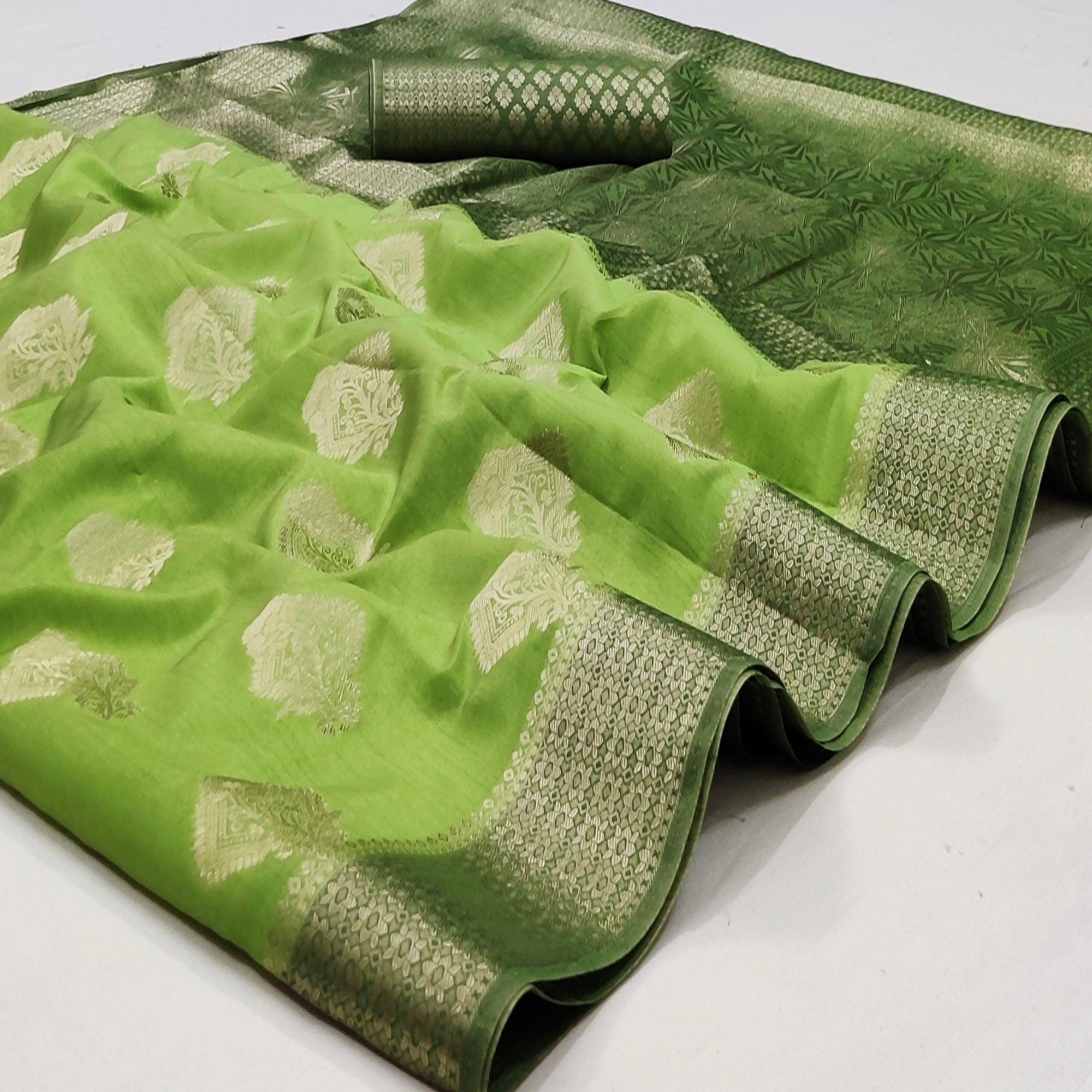 Parrot Green Festive Wear Woven Art Silk Double Dying Sarees With Zari Border - Peachmode