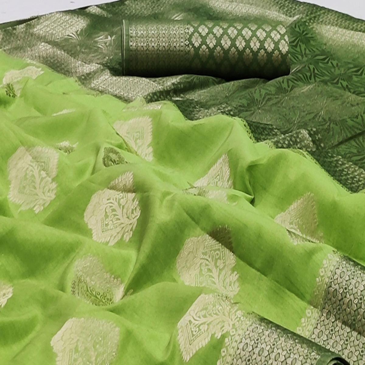 Parrot Green Festive Wear Woven Art Silk Double Dying Sarees With Zari Border - Peachmode