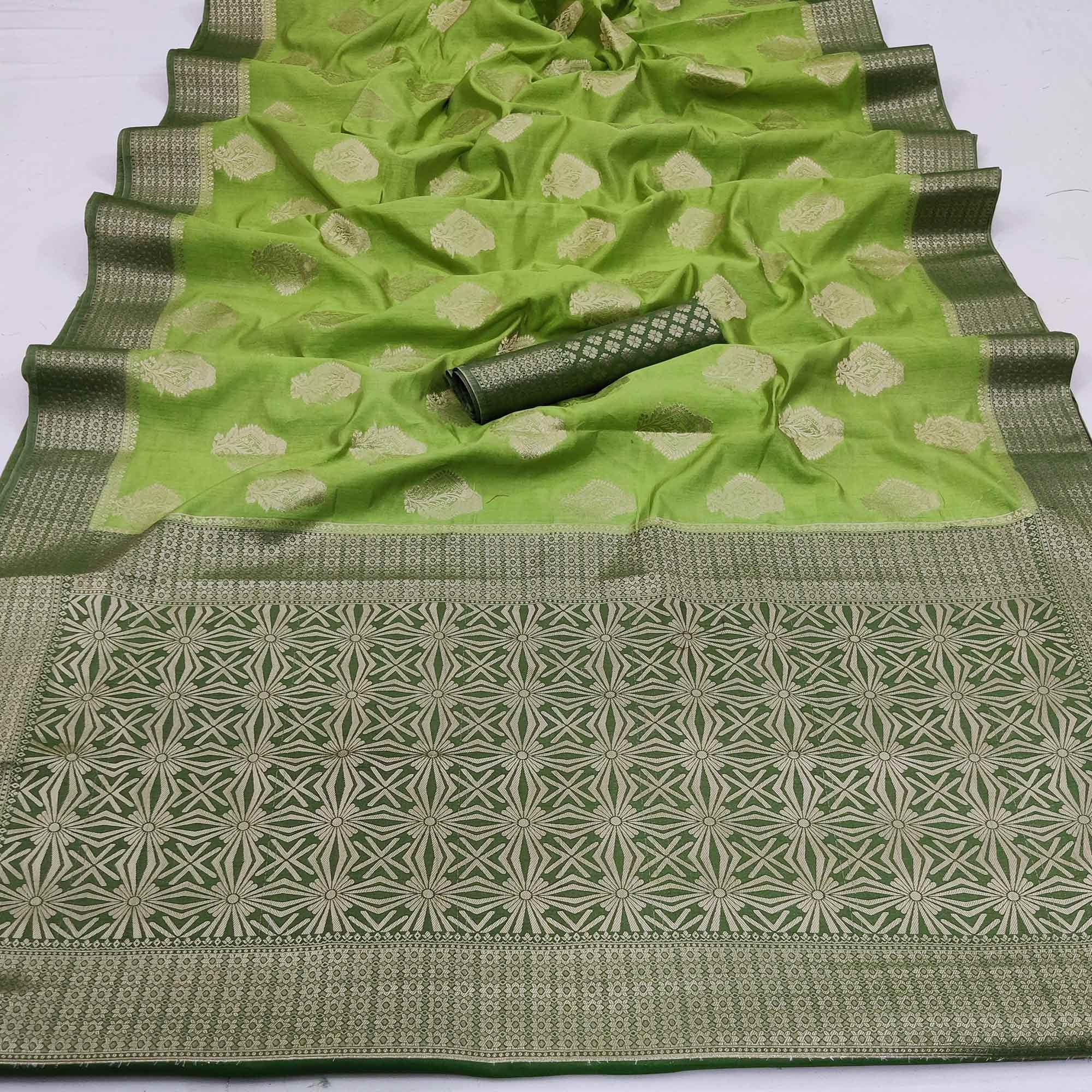 Parrot Green Festive Wear Woven Art Silk Double Dying Sarees With Zari Border - Peachmode