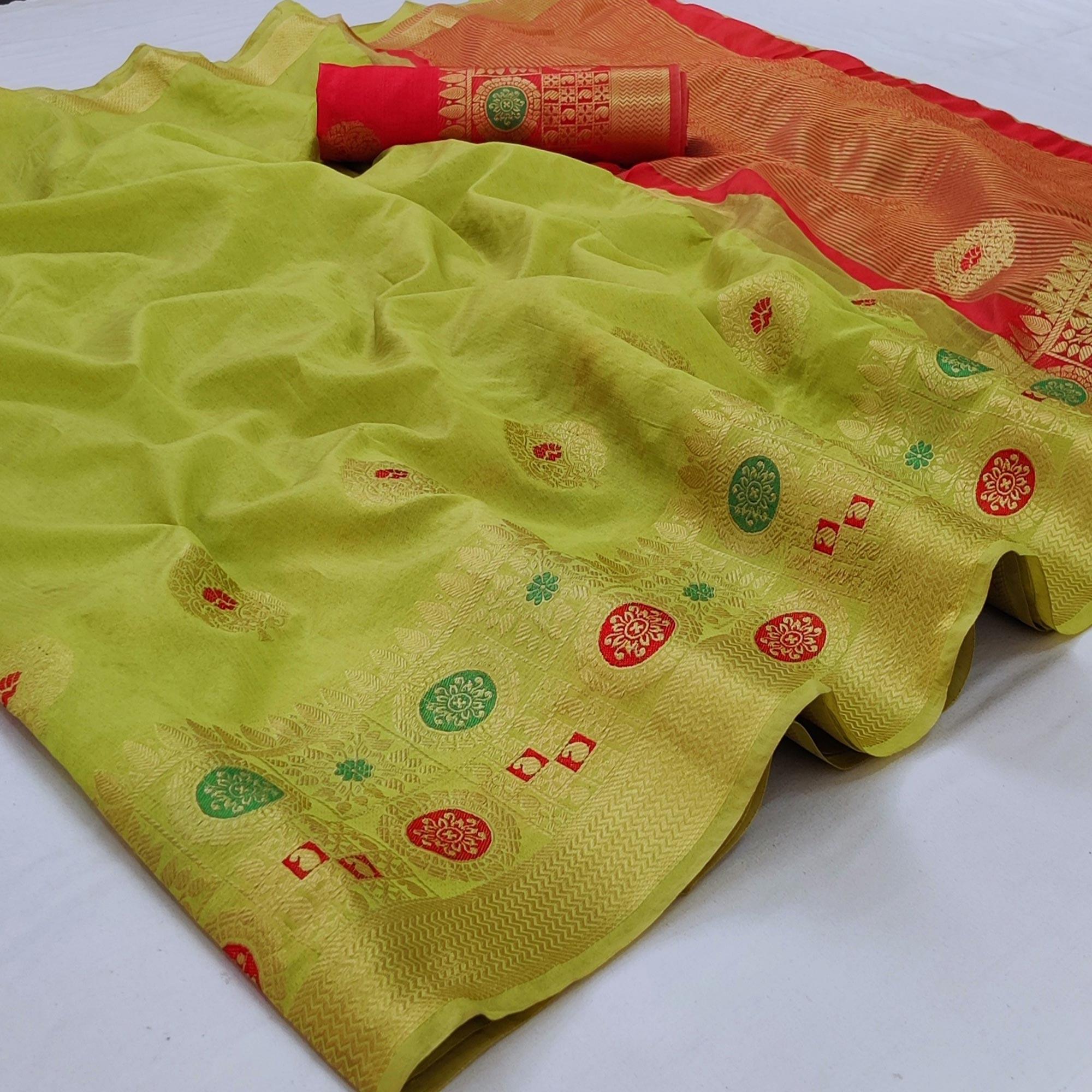 Parrot Green Festive Wear Woven Banarasi Saree With Butta And Jacquard Border - Peachmode