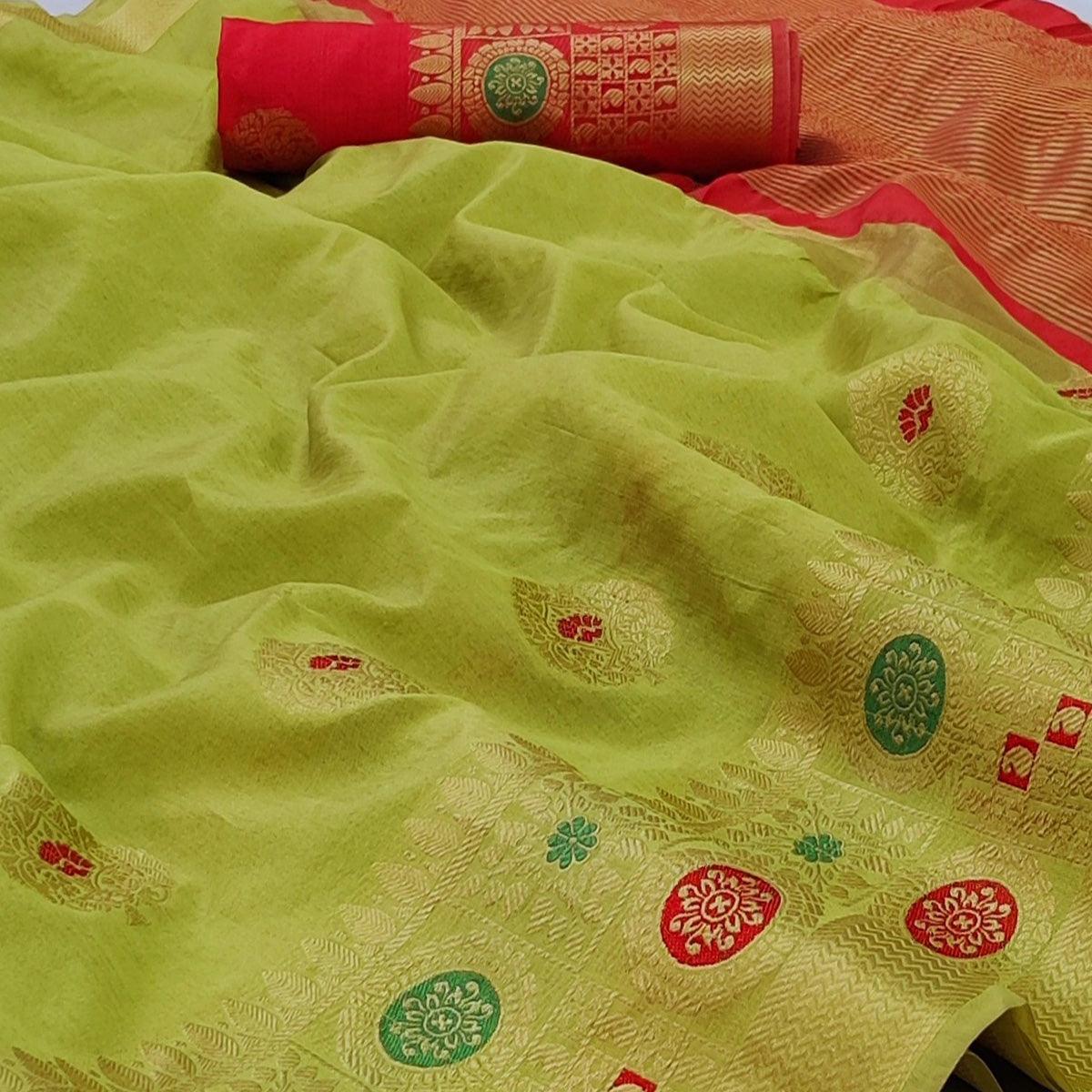 Parrot Green Festive Wear Woven Banarasi Saree With Butta And Jacquard Border - Peachmode