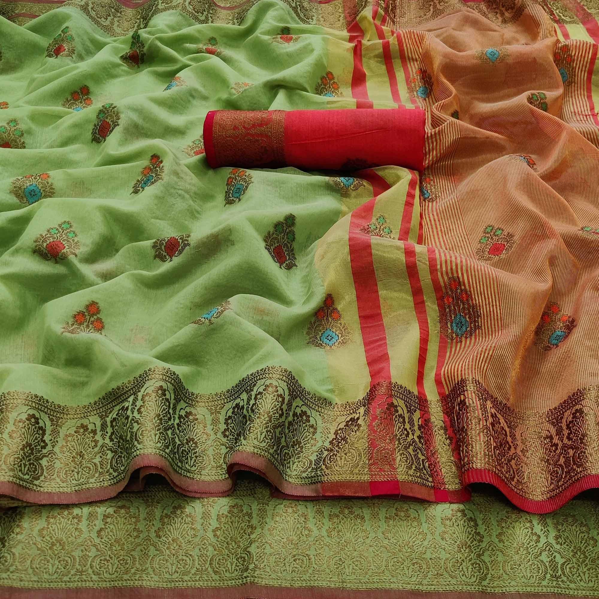 Parrot Green Festive Wear Woven Border With Butta Work Cotton Saree - Peachmode