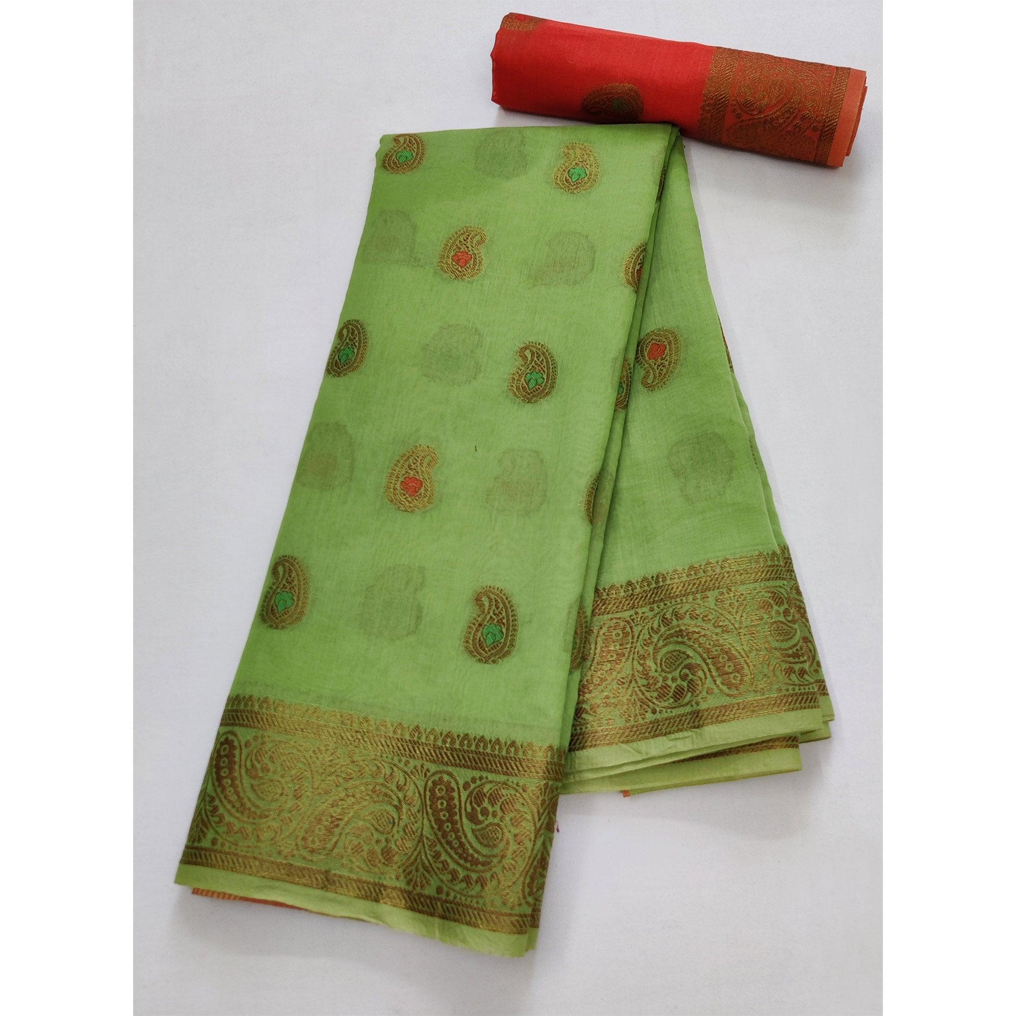 Parrot Green Festive Wear Woven Border With Butta Work Cotton Saree - Peachmode