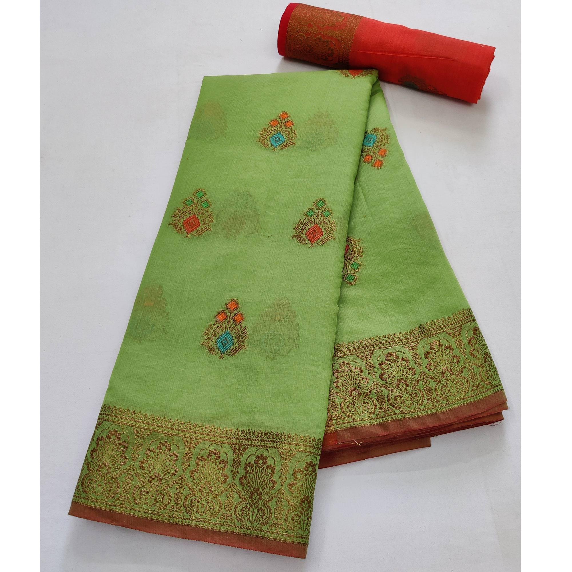 Parrot Green Festive Wear Woven Border With Butta Work Cotton Saree - Peachmode