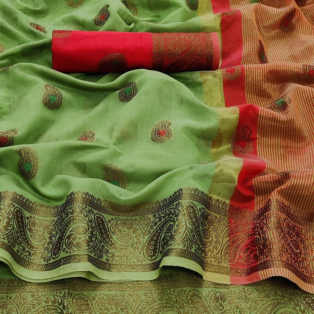 Parrot Green Festive Wear Woven Border With Butta Work Cotton Saree - Peachmode