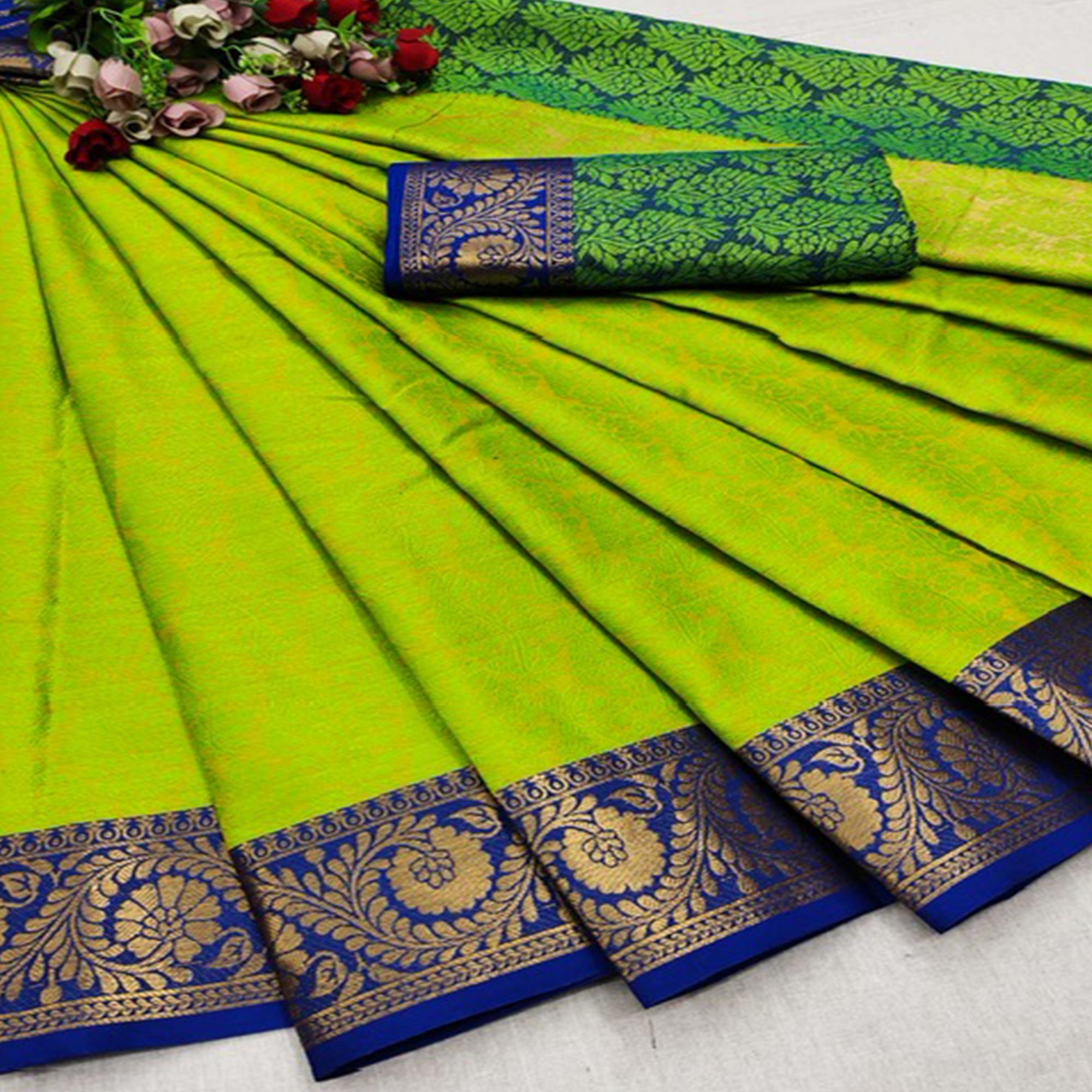 Parrot Green Festive Wear Woven Cotton Silk Saree - Peachmode