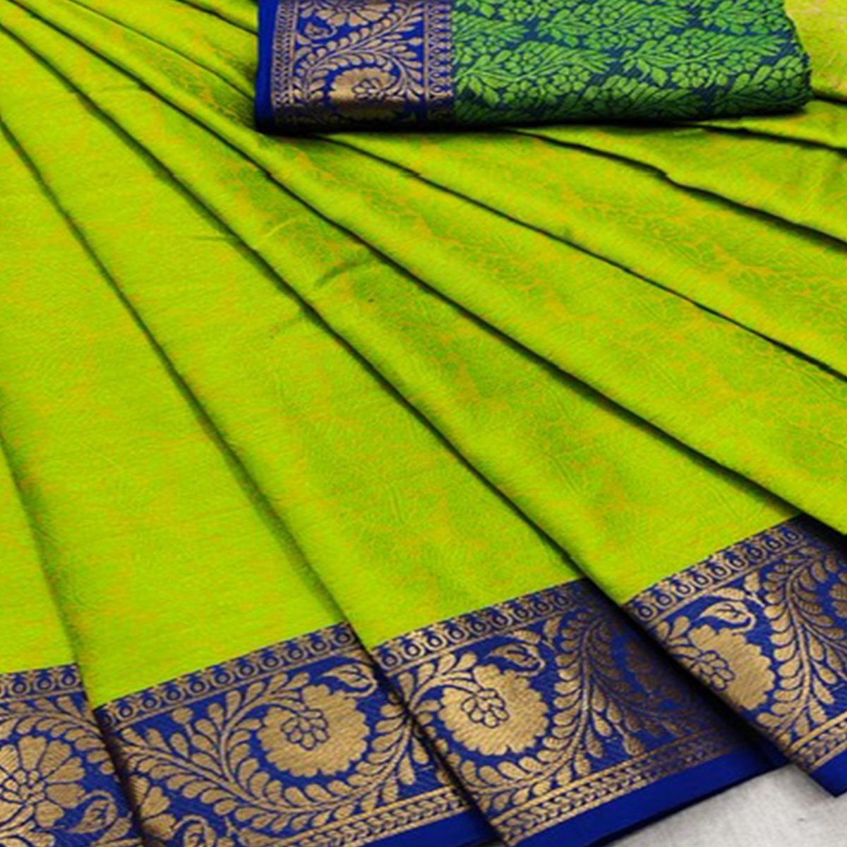 Parrot Green Festive Wear Woven Cotton Silk Saree - Peachmode