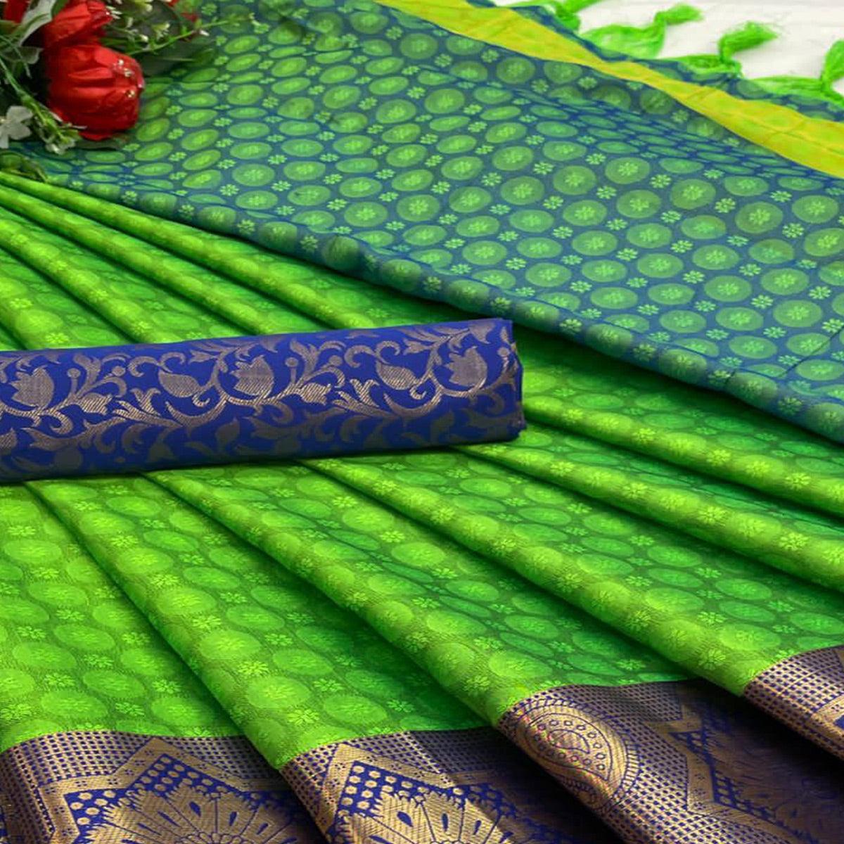 Parrot Green Festive Wear Woven Cotton Silk Saree - Peachmode