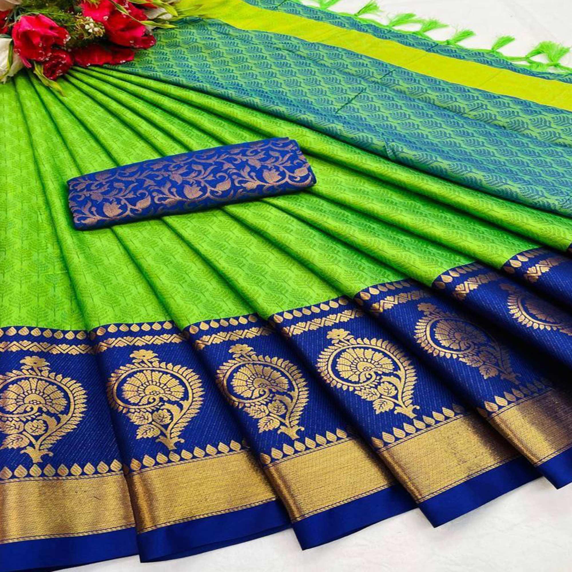 Parrot Green Festive Wear Woven Heavy Rich Cotton Silk Saree - Peachmode