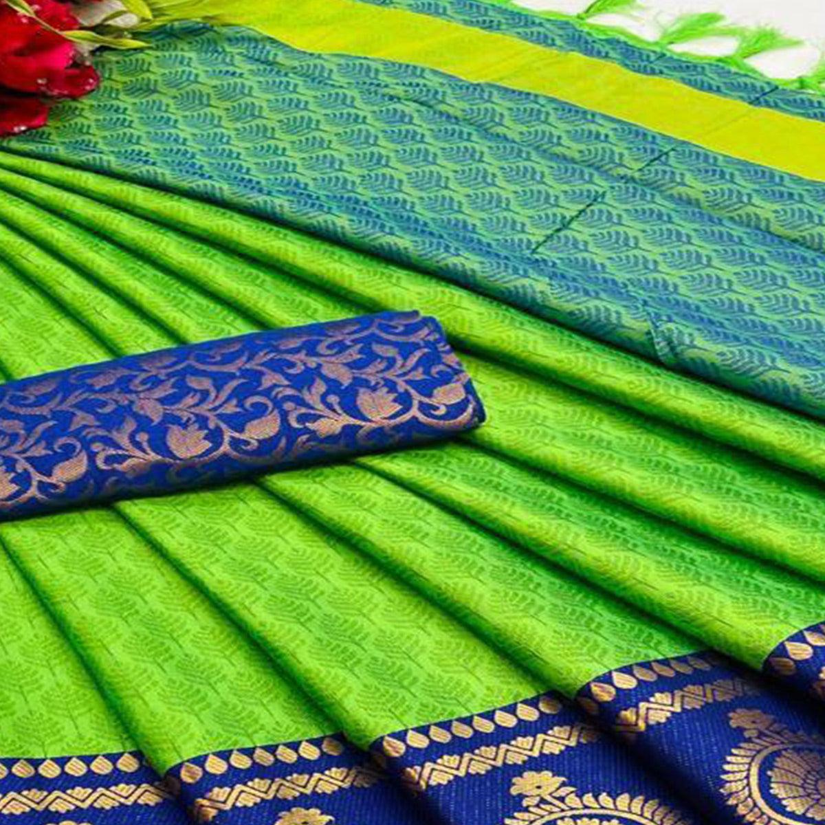 Parrot Green Festive Wear Woven Heavy Rich Cotton Silk Saree - Peachmode