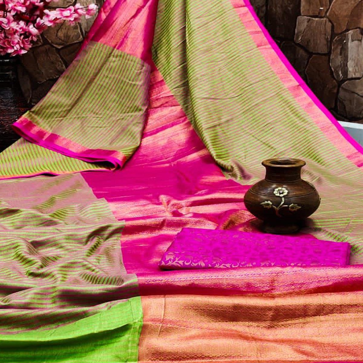Parrot Green Festive Wear Woven Heavy Rich Cotton Silk Saree - Peachmode