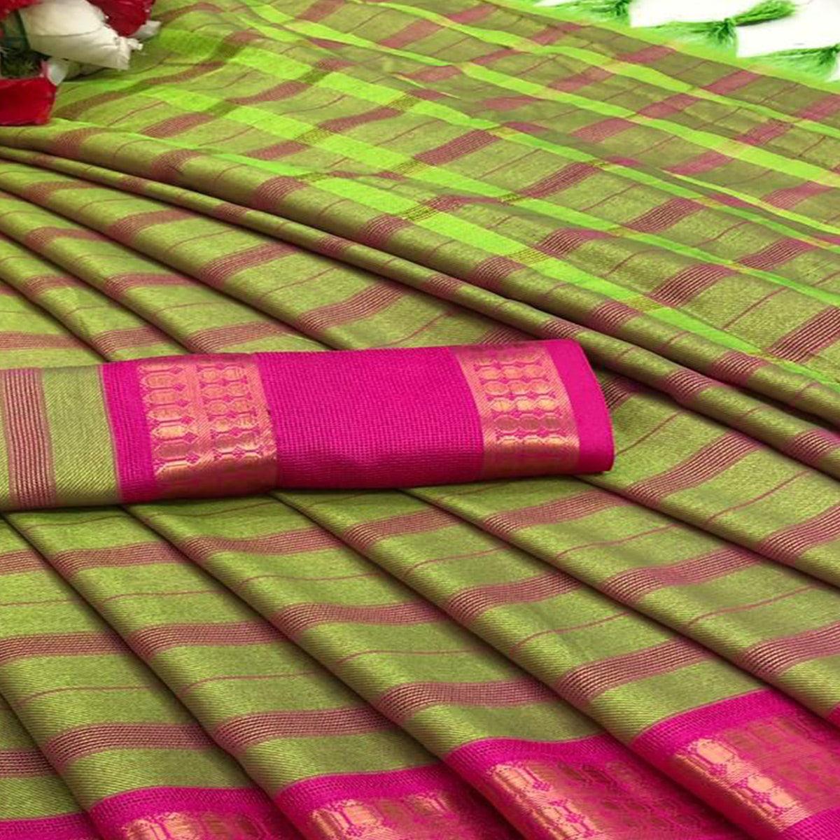 Parrot Green Festive Wear Woven Heavy Rich Cotton Silk Saree - Peachmode