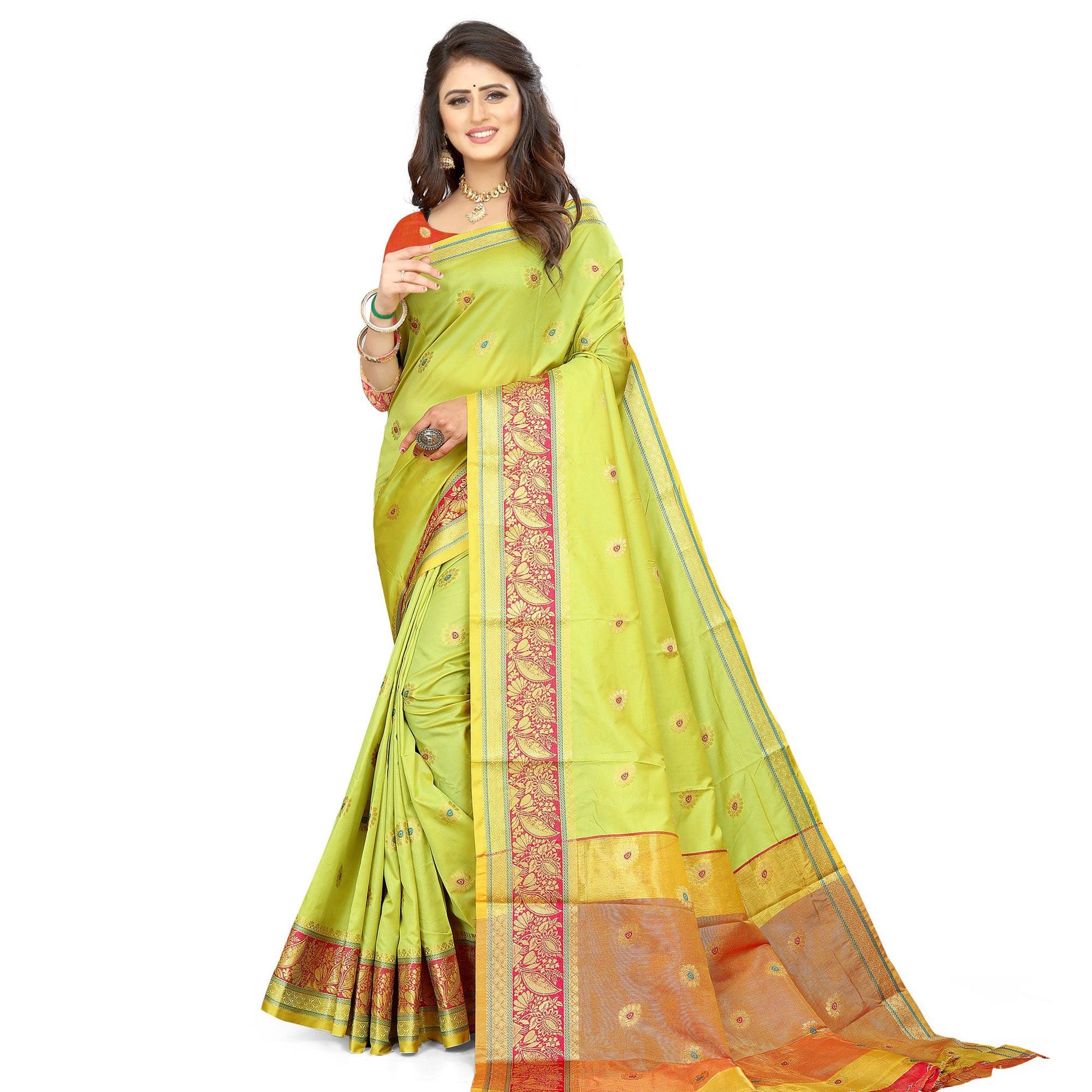 Parrot Green Festive Wear Woven Maithili Silk Saree - Peachmode