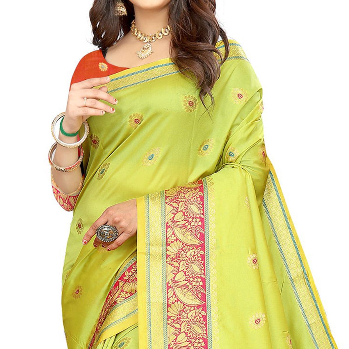 Parrot Green Festive Wear Woven Maithili Silk Saree - Peachmode