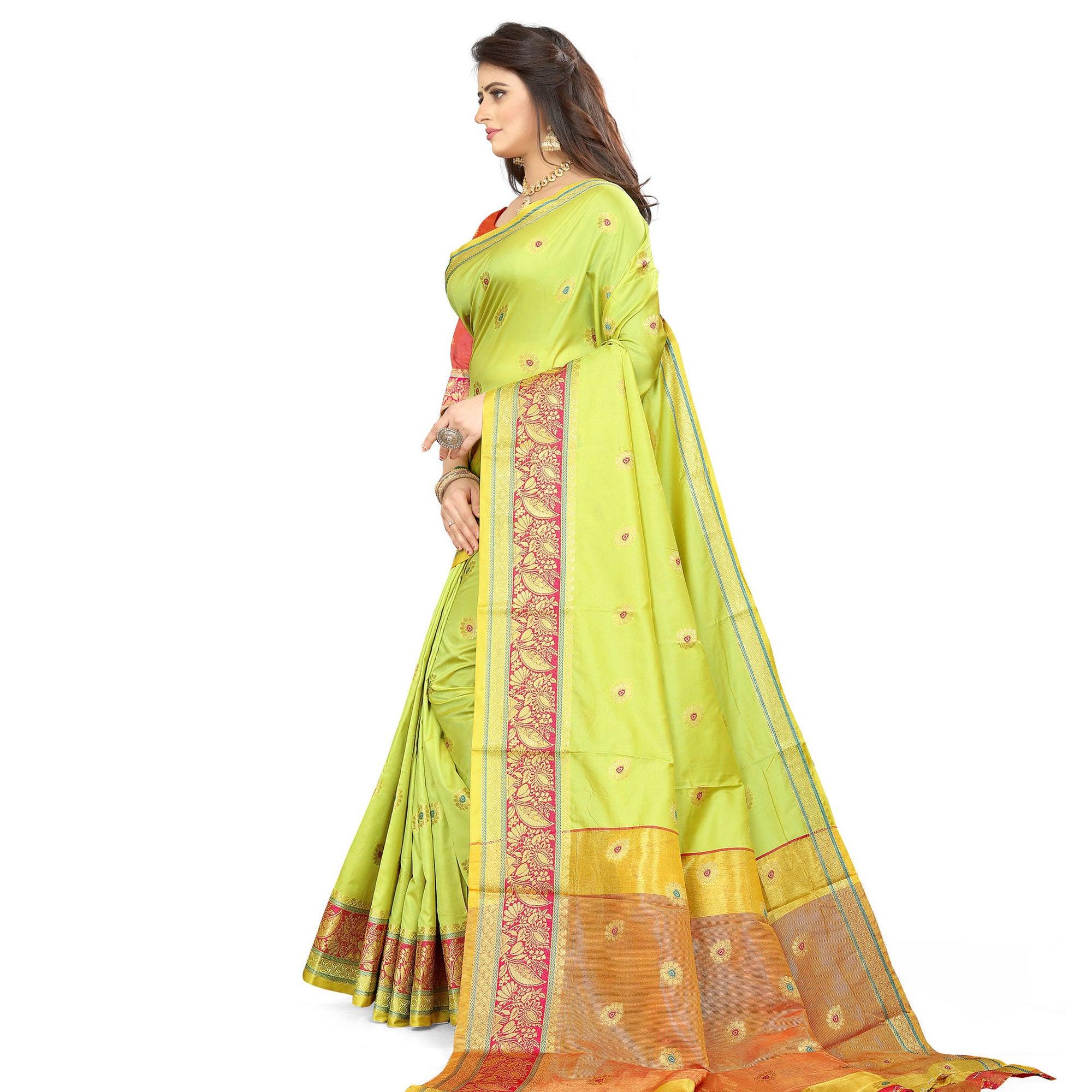 Parrot Green Festive Wear Woven Maithili Silk Saree - Peachmode