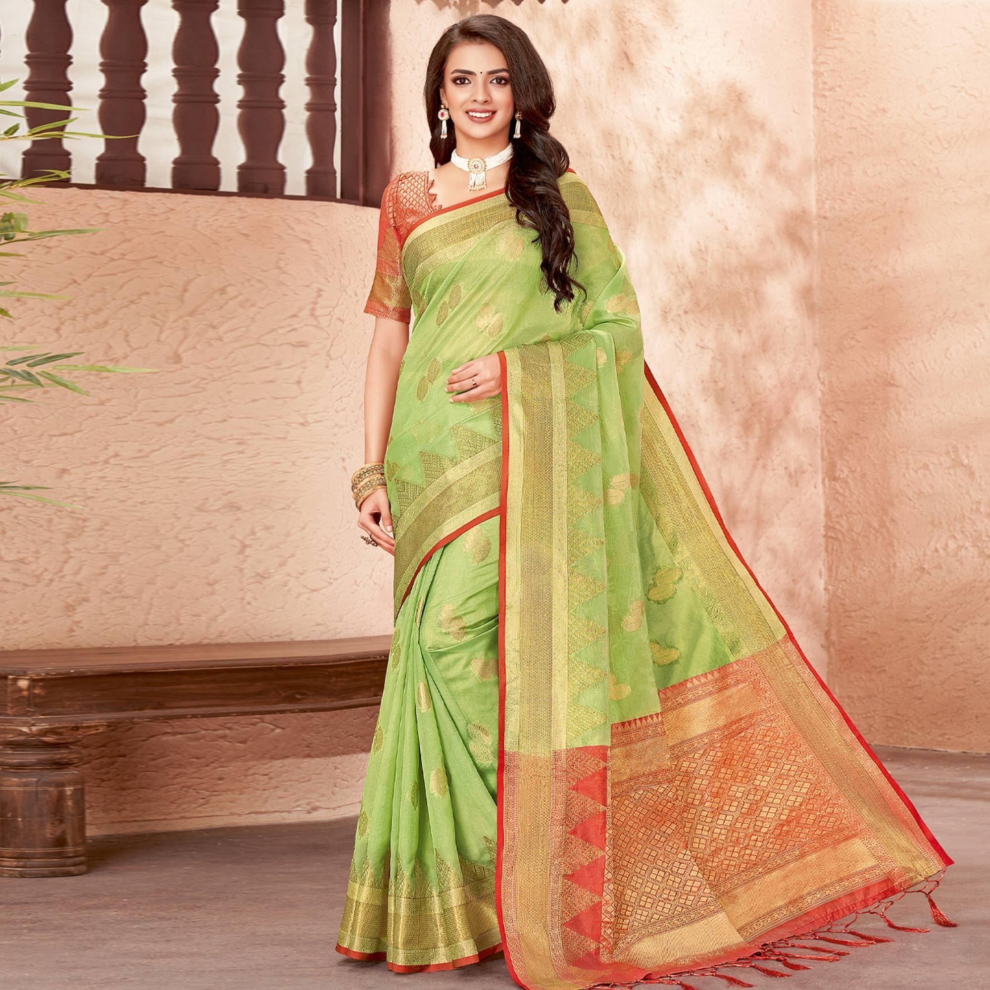 Parrot Green Festive Wear Woven Organza Saree - Peachmode